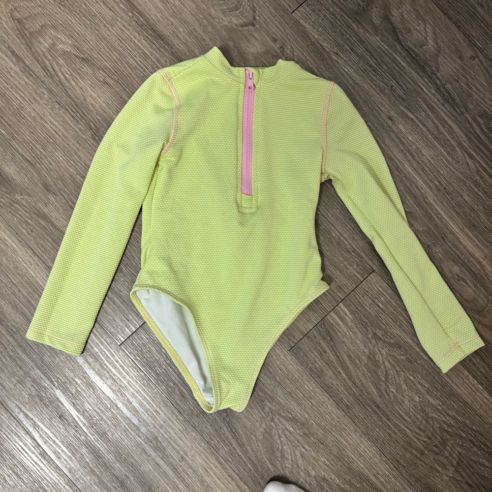 Long Sleeve One-Piece Swimsuit with Front Zip - Yellow & Pink